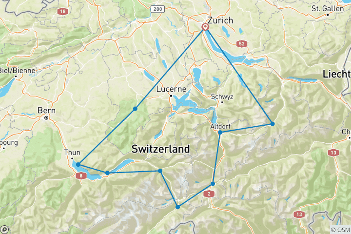 Carte du circuit Tour des Alpes suisses en voiture, y compris le col de la Furka : Guidage par sat-nav préétabli