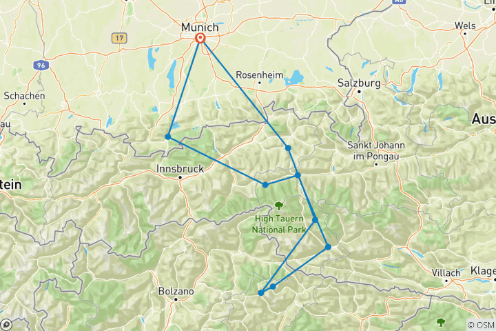 Map of Munich, Austrian Alps, Dolomites in a Porsche: Pre-set sat-nav guided