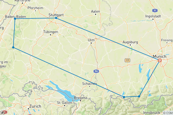 Map of Porsche 911 Drive: German Autobahn, Castles & Car Museum of Porsche and Mercedes: Pre-set sat-nav guided