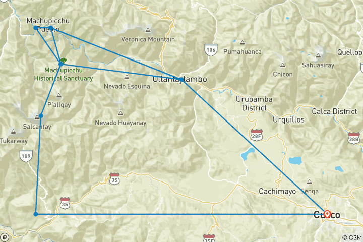 Map of Salkantay Via Inca Trail Trek 4 Days/3 Nights