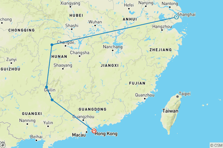 Carte du circuit Impressionnante Chine 10 jours : Shanghai, Zhangjiajie, Fenghuang, Longji, Yangshuo, Hong Kong