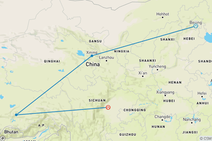 Map of Tibet Express by Plateau Train: Beijing, Xining, Lhasa, and Chengdu 8 Days