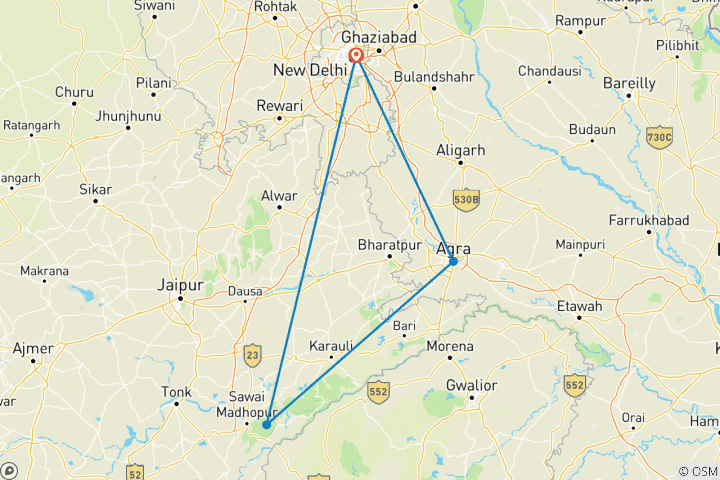 Carte du circuit Circuit privé de 4 jours au safari des tigres et au Taj Mahal au départ de Delhi