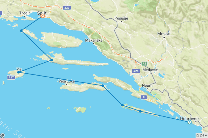Carte du circuit Yoga Sailing en Croatie - de Dubrovnik à Split