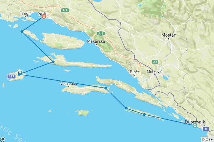 Carte du circuit Pride Sailing en Croatie - de Dubrovnik à Split