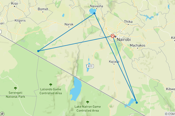 Mapa de Recorrido asequible de 5 días por Amboseli y Masai Mara (Kenia) con presupuesto reducido para grupos