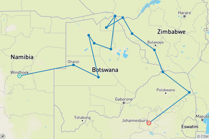 Kaart van Hoogtepunten van zuidelijk Afrika