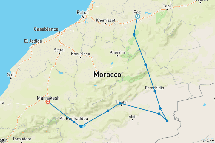 Carte du circuit Circuit dans le désert du Sahara 3 jours 2 nuits de Fès à Marrakech