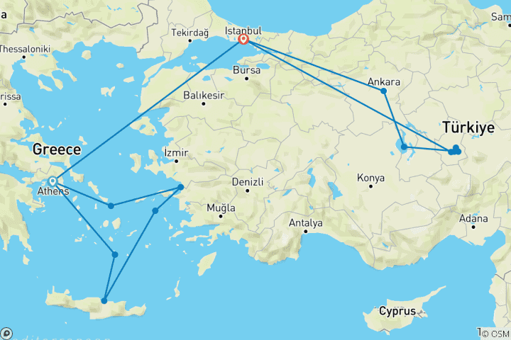 Carte du circuit Grèce classique et Turquie avec croisière de 3 jours (petit groupe)