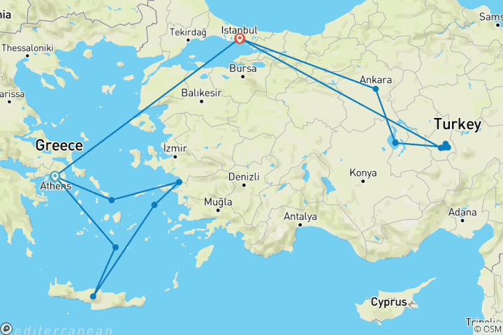 Mapa de Grecia clásica y Turquía con crucero de 3 días