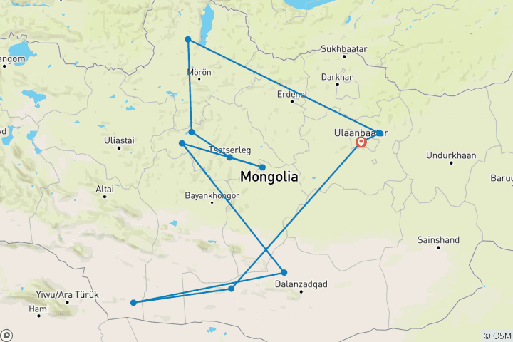 Mapa de Vuelta al Círculo Dorado de Mongolia y Festival de Naadam 2022 - 16 días de viaje