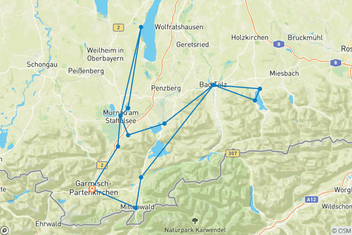 Map of Cycling Holidays Bavarian Lakes