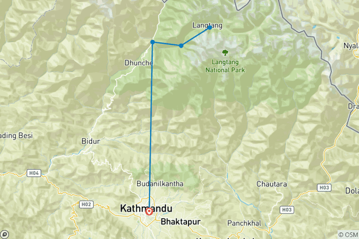 Mapa de Excursionismo por el valle de Langtang 9 noches / 10 días