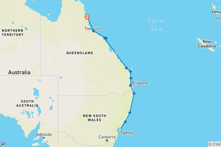 Map of East Coast Australia 21 Day Sydney to Cairns: Emu Adventure Tour