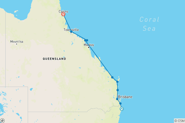 Map of Byron Bay to Cairns: 15 Day Roo Adventure Tour