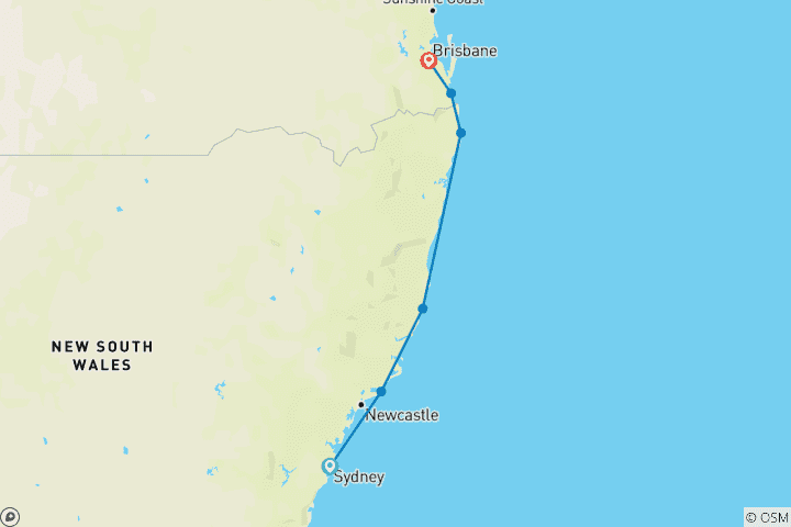 Map of Sydney to Brisbane: 8 Day Koala Adventure Tour