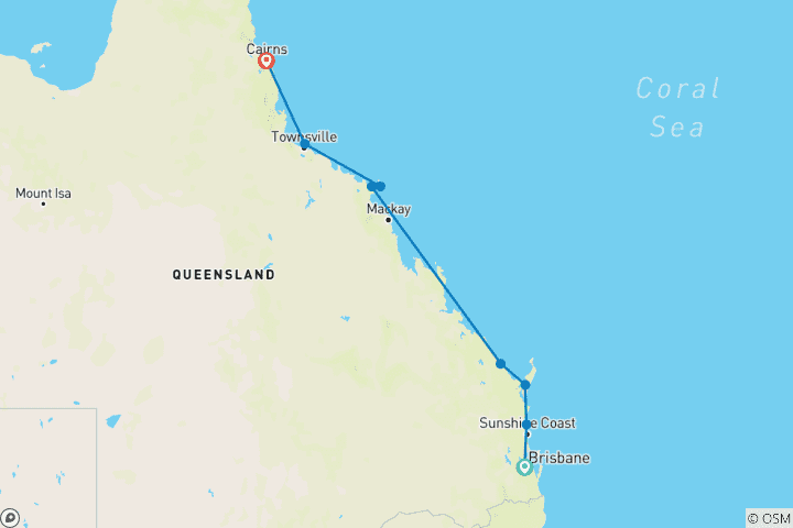 Karte von Von Brisbane nach Cairns Dingo Abenteuer 15 Tage