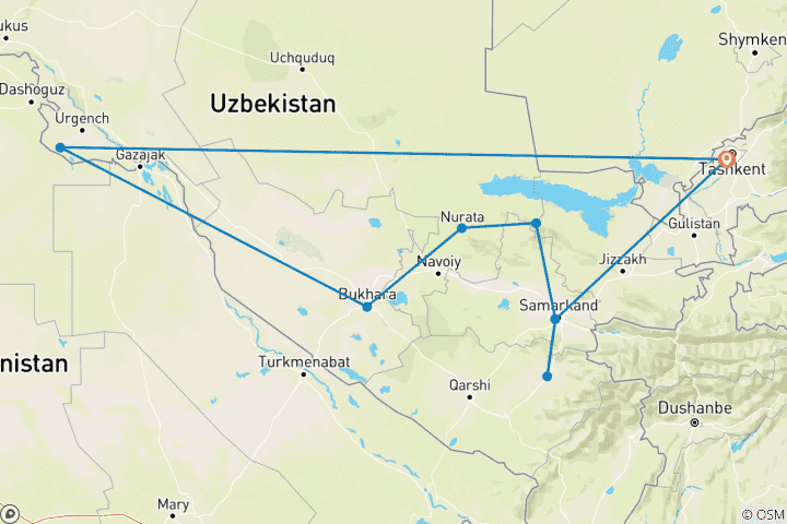 Map of 14-Day Uzbekistan Cultural Adventure Tour