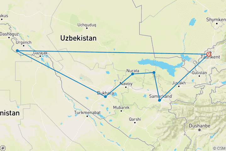 Map of 14-Day Uzbekistan Cultural Adventure Tour