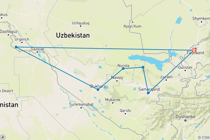 Map of 14-Day Uzbekistan Cultural Adventure Tour