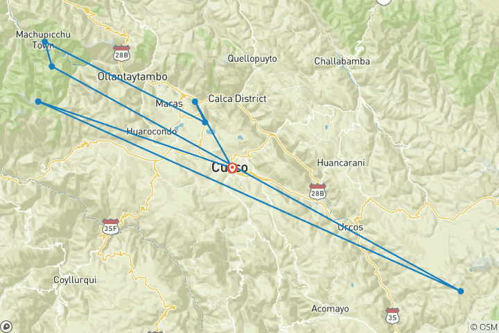 Map of 6 days - Cusco Cultural, Machu Picchu, Rainbow Mountain and Humantay Lake