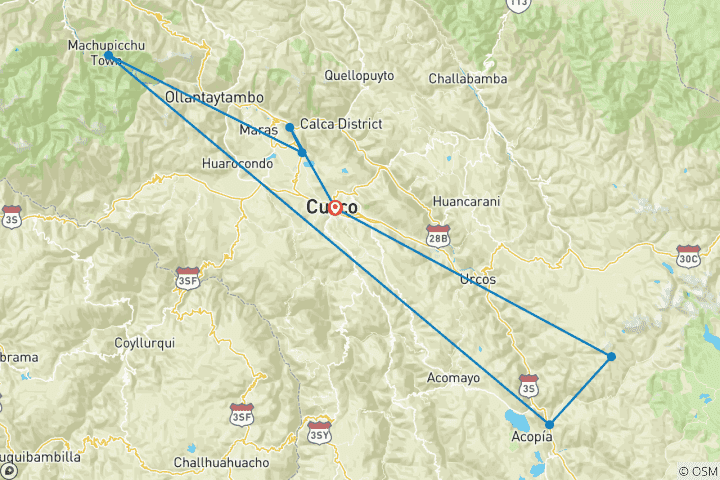 Map of 5 days - Cusco Cultural Machu Picchu and Rainbow Mountain