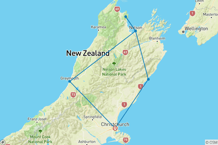 Kaart van 5-daagse top van het Zuidereiland vanuit Christchurch