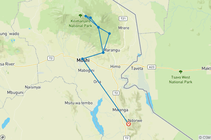 Karte von Kilimandscharo Besteigung über die Marangu Route  (alles inklusive) - 8 Tage