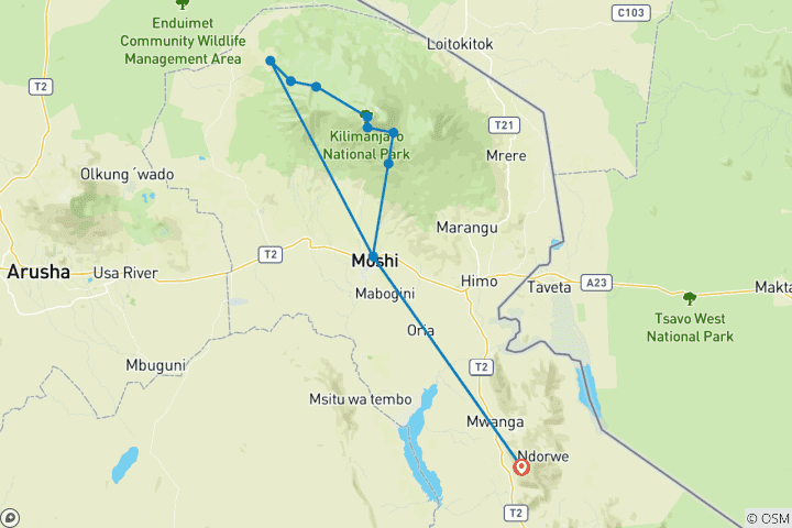 Karte von Kilimanjaro Besteigung über die Lemosho Route - 10 Tage