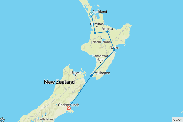 Map of 7 Day Auckland to Christchurch Highlights Tour