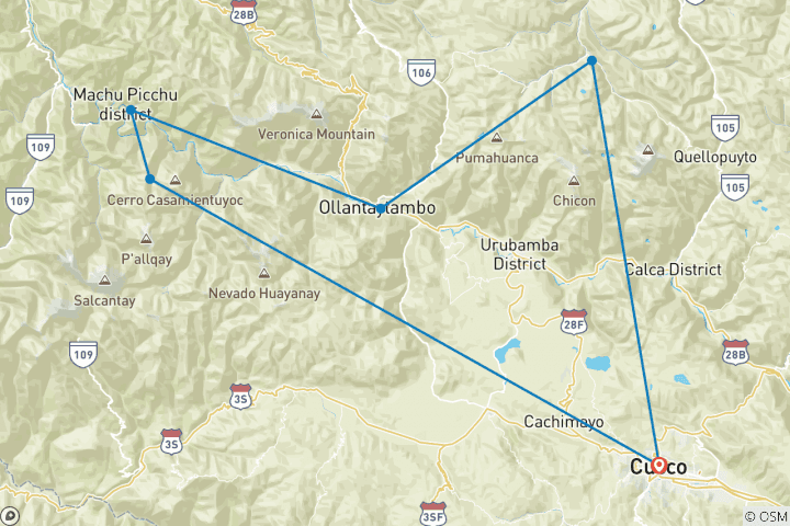 Map of Lares Trek to Machu Picchu 4D/3N