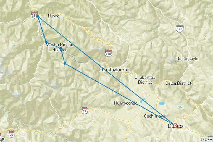 Map of 4 days Inca Jungle trek to Machu Picchu