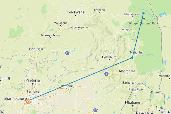 Map of 3-Day Classic Kruger National Park Big 5 Safari