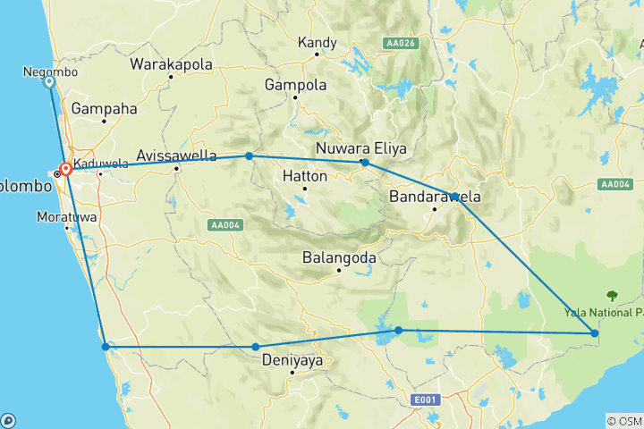 Carte du circuit Circuit de 8 jours au Sri Lanka pour la faune et l'aventure