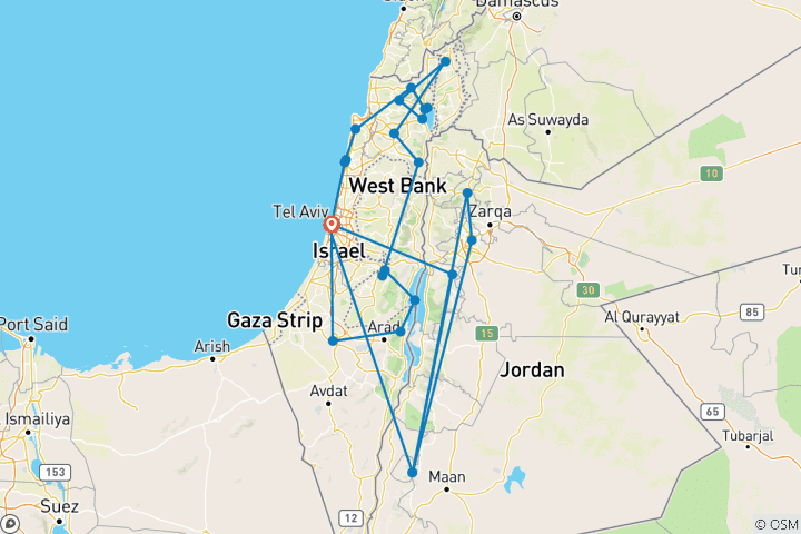 Carte du circuit Les points forts d'Israël et de la Jordanie - 11 jours