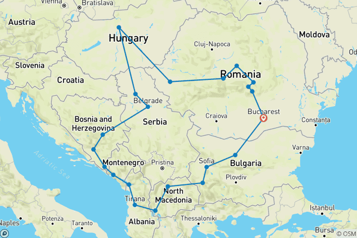 Map of 14 days Balkans Tour from Bucharest with Transylvania