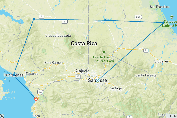 Carte du circuit Observation des oiseaux au Costa Rica