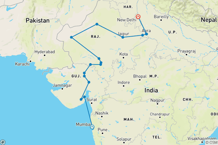 Carte du circuit Circuit au Gujarat et au Rajasthan