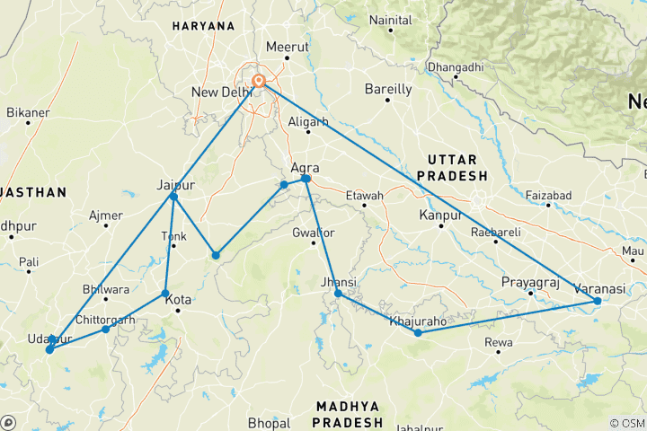 Map of Glorious Rajasthan Tour with Ranthambore & Taj Mahal