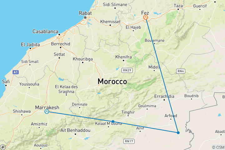 Mapa de De Marrakech a Fez por el Sáhara 3 días