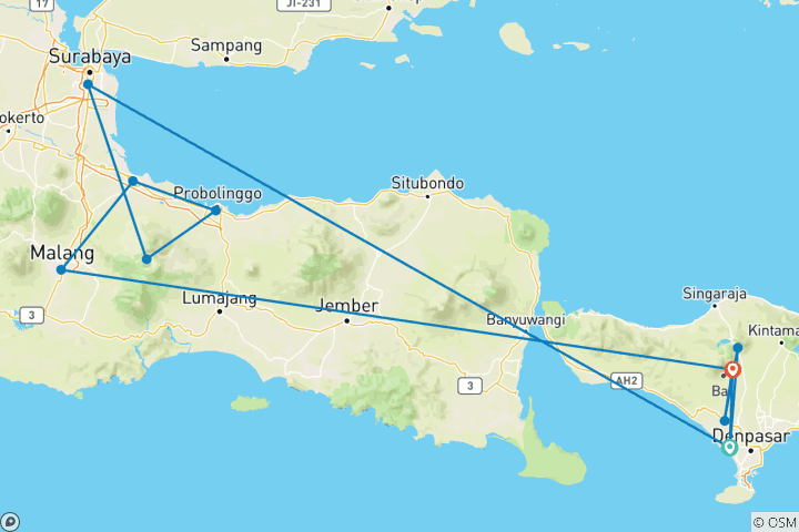 Karte von Bali & Ost Java Enduro Mountainbike Reise - 9 Tage, 8 Nächte