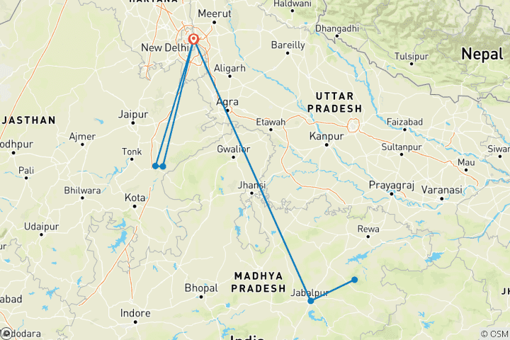 Carte du circuit Forfait safari tigre en Inde
