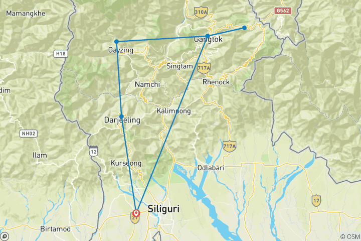 Karte von Königliches Hügelland: Darjeeling Rundreise