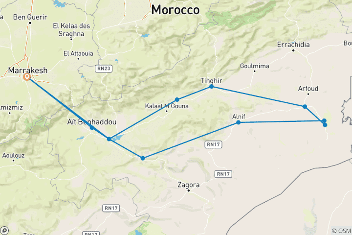 Map of 5 Days Sahara Desert Tour from Marrakech