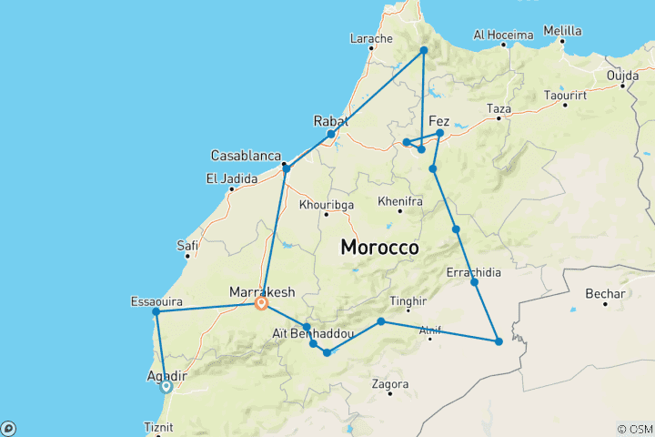 Map of 12 Days Private Tour from Agadir to Marrakech