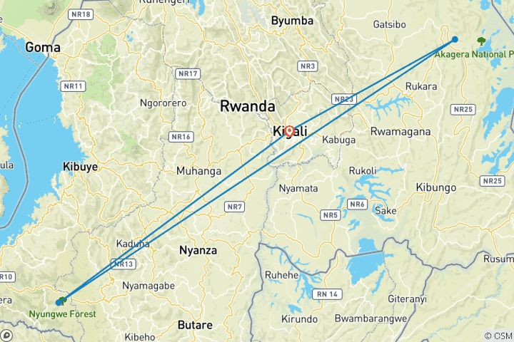 Map of 3-Day Combined Nyungwe and Akagera National Park