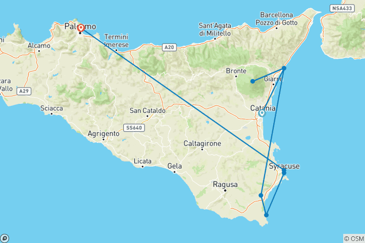 Carte du circuit Circuit privé de luxe en Sicile pour les amateurs de gastronomie et de vin