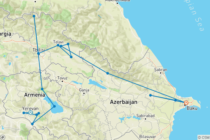 Map of Armenia, Azerbaijan & Georgia - Caucasus Discovery Tour