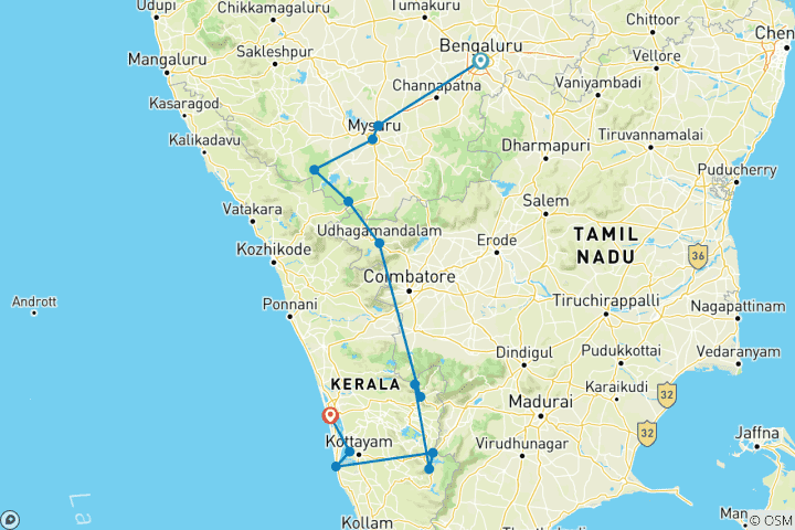 Carte du circuit Circuit de la faune et de la flore en Inde du Sud