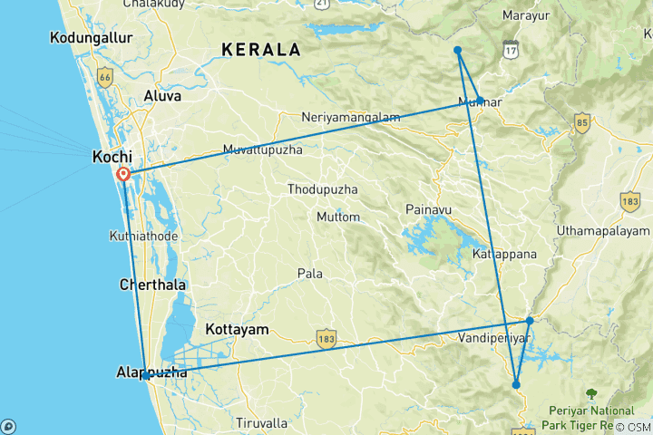 Map of Serene Kerala Tour